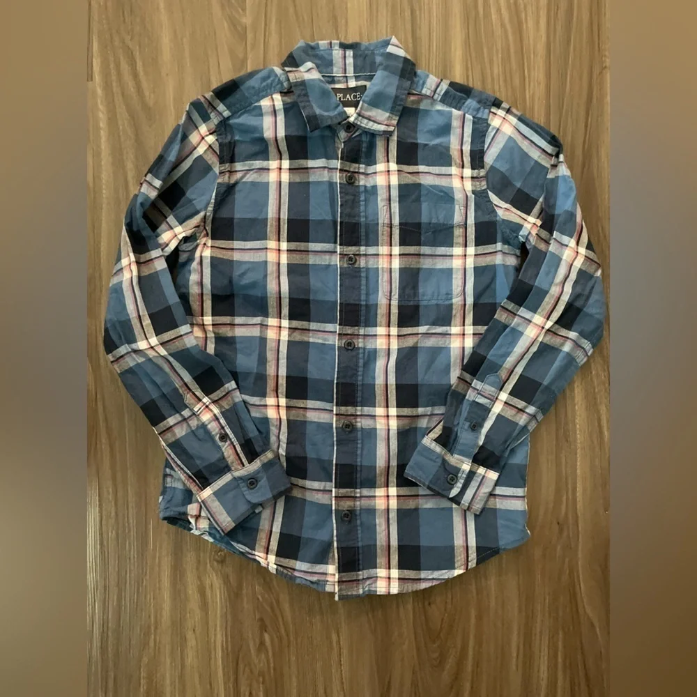 The Children's Place Blue and Pink Plaid Button Down Shirt size L 10/12